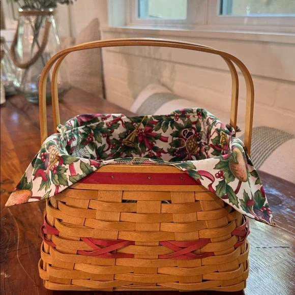 Longaberger Basket with Floral Liner and Wooden Handle - Picture 6 of 10